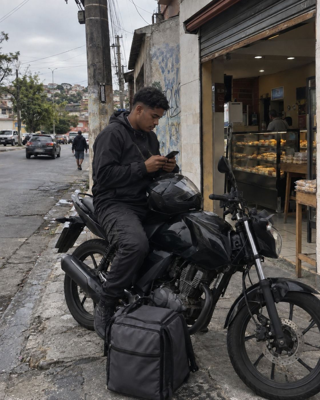 Entregador sentado na moto parada na calçada de uma padaria, lendo no celular