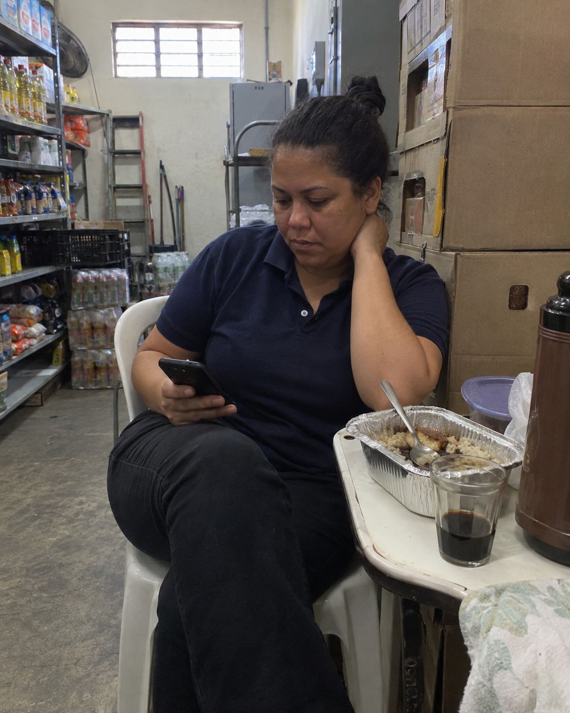Funcionária de mercado no intervalo do almoço, no estoque, com a marmita ao lado e o celular na mão