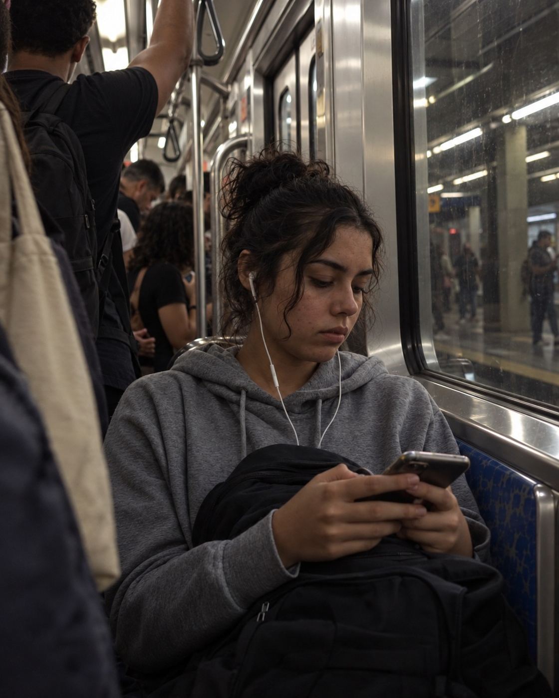 Estudante sentada no metrô cheio, com fone de ouvido, lendo no celular